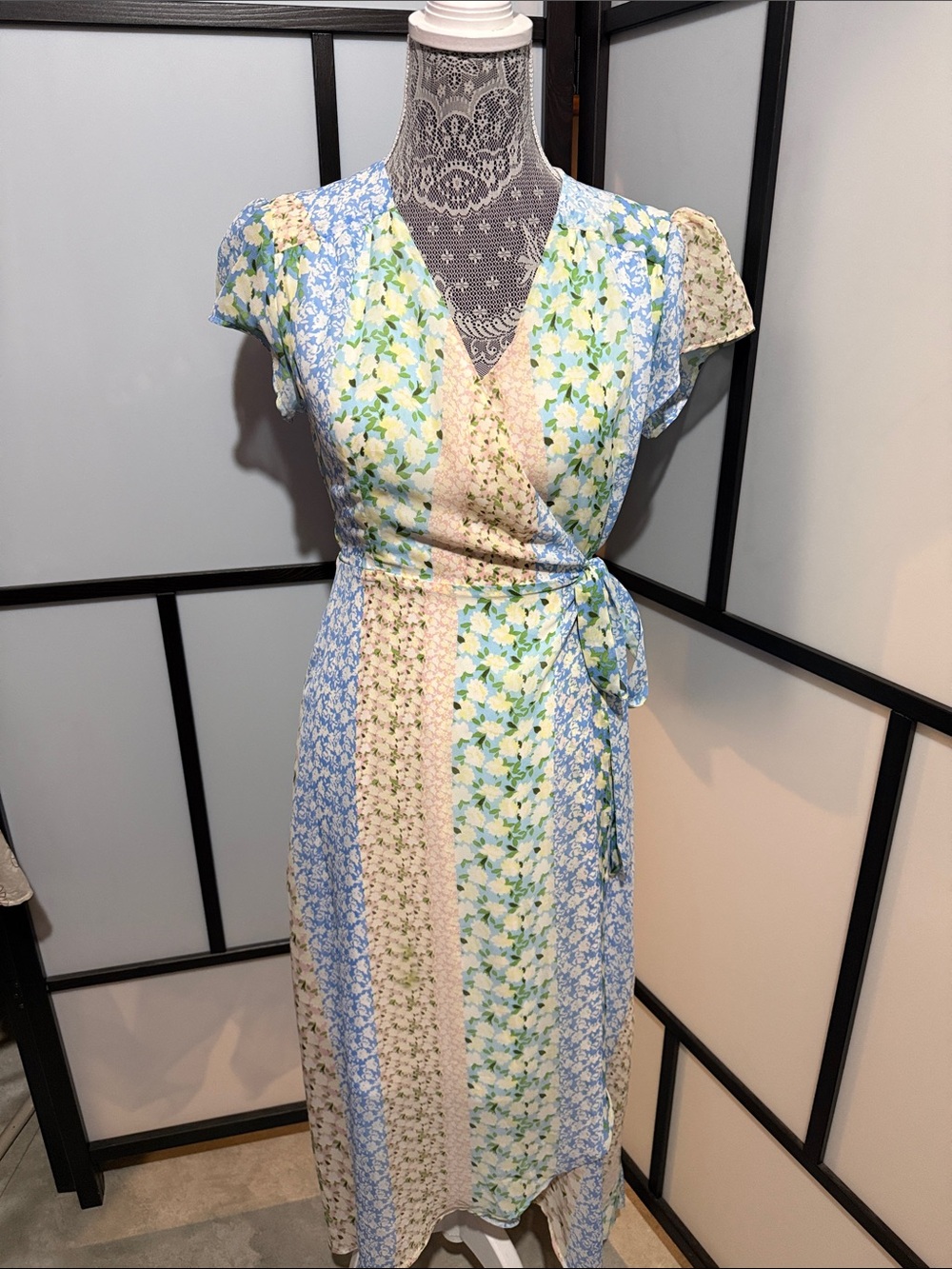 Blue Rain Patchwork Floral Wrap Midi Dress in Blue and Cream
